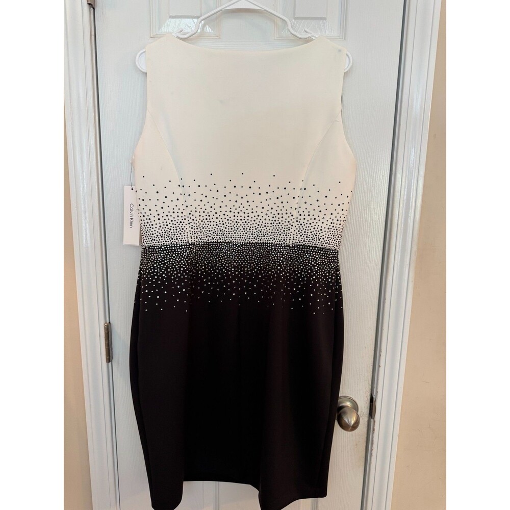 Calvin Klein Crystal Black White Sheath Dress Knee Length Sleeveless NWT Sz 14 - Picture 4 of 11